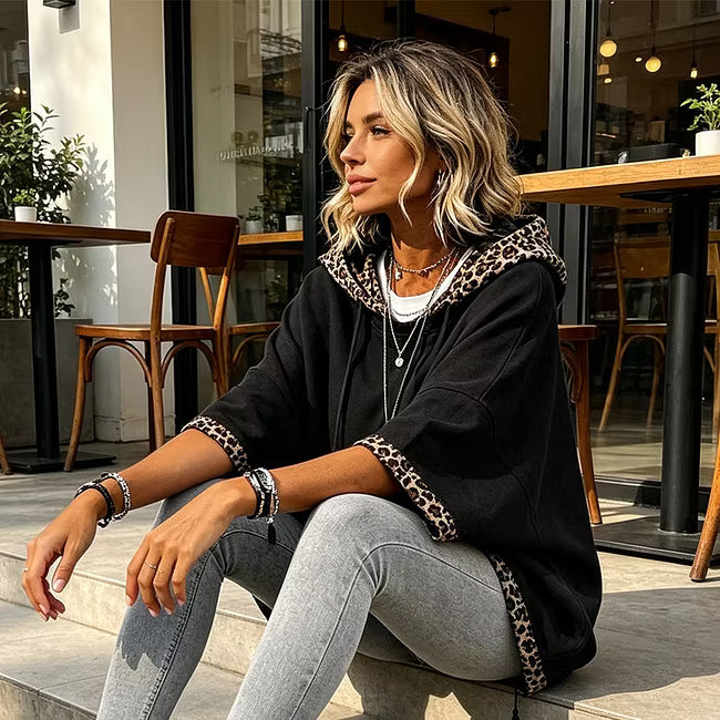 Aliz - Leopard Trim Batwing Hooded Sweatshirt