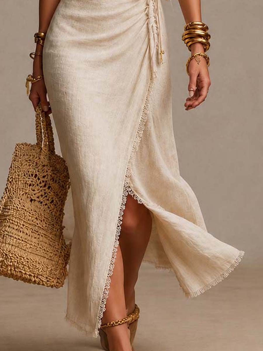 Maevina - Romantic Linen Midi Wrap Dress