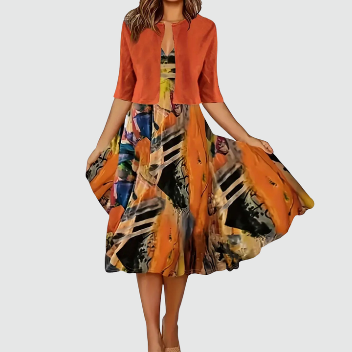 Phaeline - Printed Midi Dress and Cardigan Set