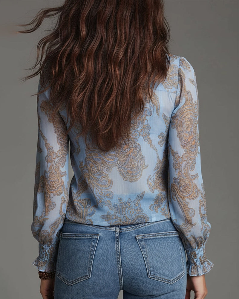 Norayi - Soft-Touch Printed V-Neck Ruffle-Sleeve Blouse