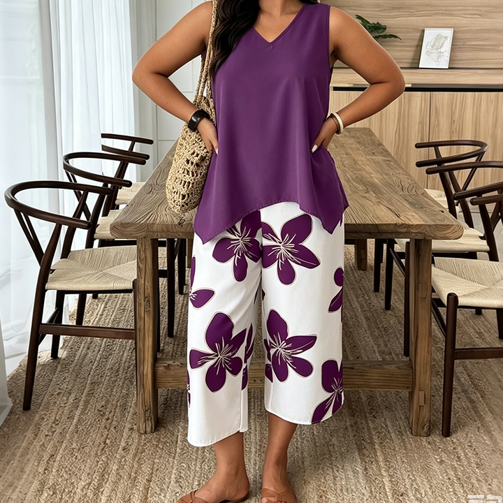 Marissa - Soft-Touch Asymmetric Top & Floral Capri Set