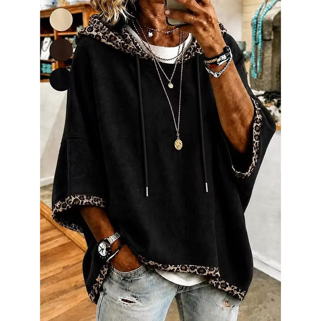 Aliz - Leopard Trim Batwing Hooded Sweatshirt