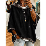 Aliz - Leopard Trim Batwing Hooded Sweatshirt