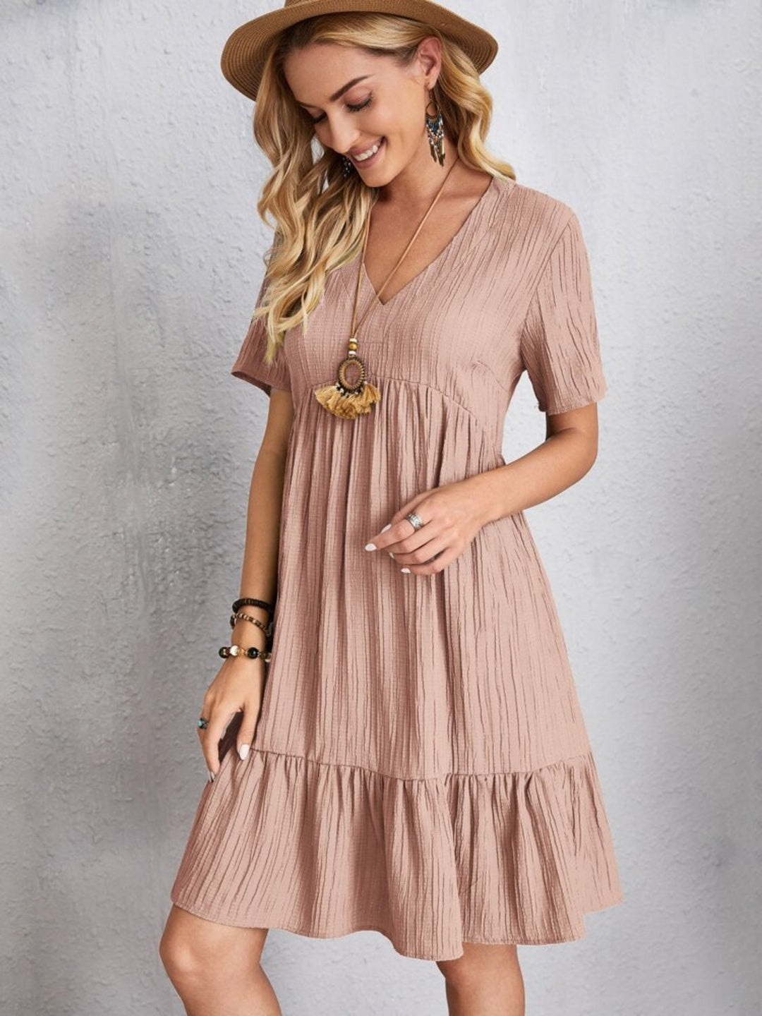 Belinda - Textured V Neck Tiered Mini Dress