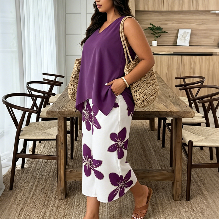 Marissa - Soft-Touch Asymmetric Top & Floral Capri Set