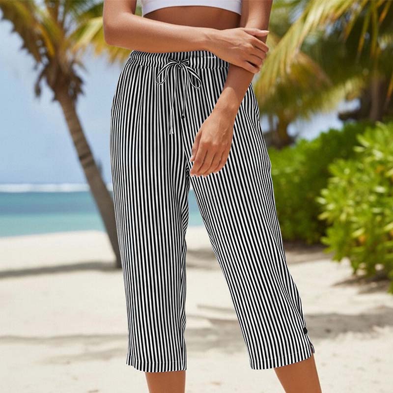 Roselina - Striped Drawstring Capri Trousers