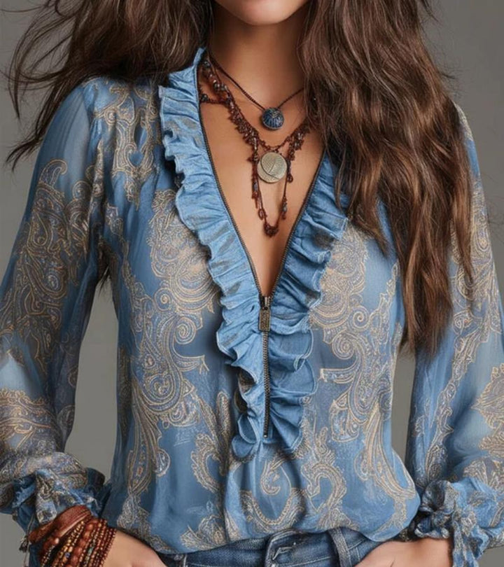 Taviana - Soft-Touch Zip-Front Ruffled Blouse