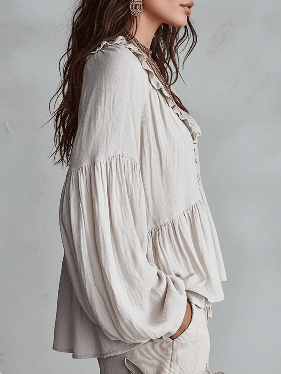 Narella - Ruffle V-Neck Blouse