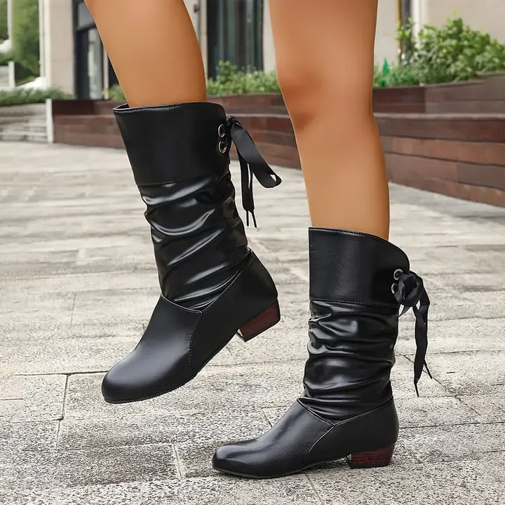Hilda - Ruched Lace Up Mid Calf Boots