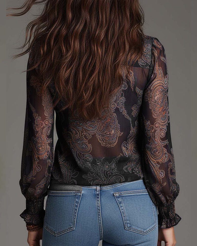 Norayi - Soft-Touch Printed V-Neck Ruffle-Sleeve Blouse