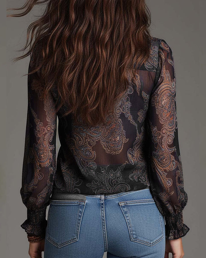 Norayi - Soft-Touch Printed V-Neck Ruffle-Sleeve Blouse