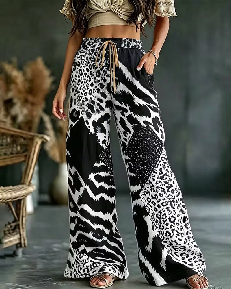 Elfrida - Soft-Touch Leopard Patchwork Wide-Leg Trousers