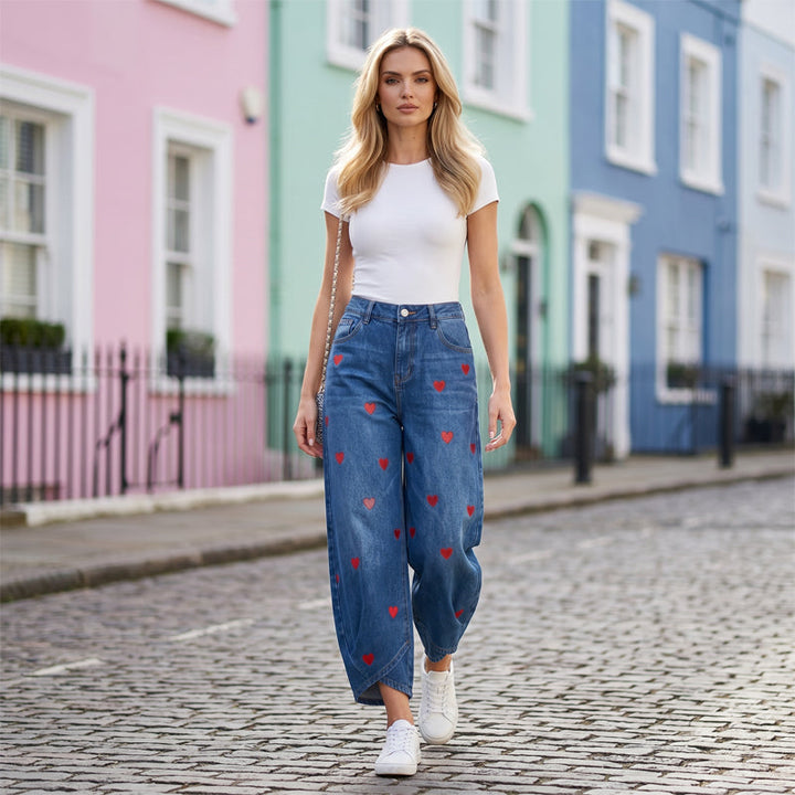 Arabella - Heart Print Barrel Leg Jeans