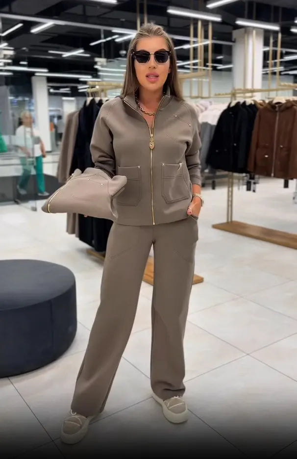 Floranique - Soft-Touch Zip-Up Cropped Jacket & Wide-Leg Trousers Set