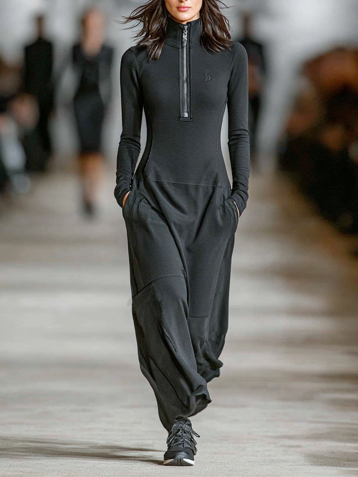 Elise - Soft-Touch Mock-Neck Zip Maxi Dress