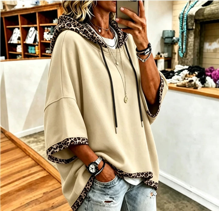 Aliz - Leopard Trim Batwing Hooded Sweatshirt