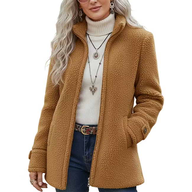 Lana - Textured Zip Front Mid Length Jacket