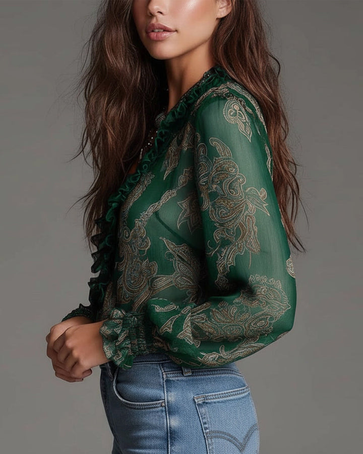 Norayi - Soft-Touch Printed V-Neck Ruffle-Sleeve Blouse