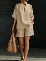 Yamina - Soft-Touch V-Neck Top & Shorts Set