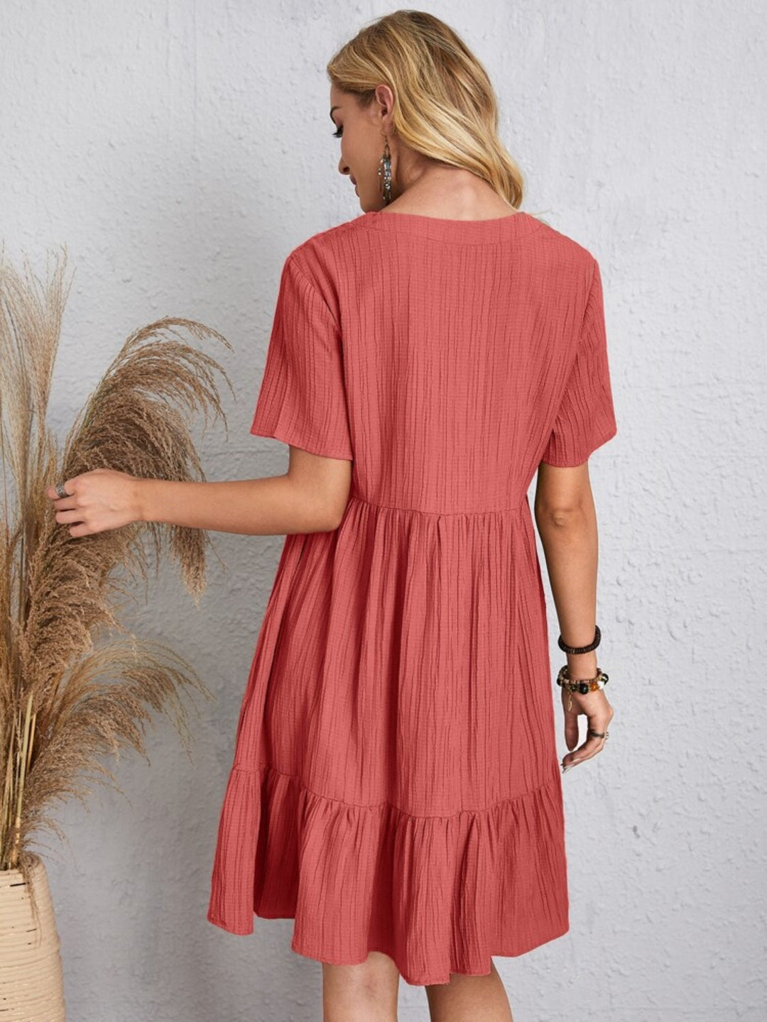 Belinda - Textured V Neck Tiered Mini Dress