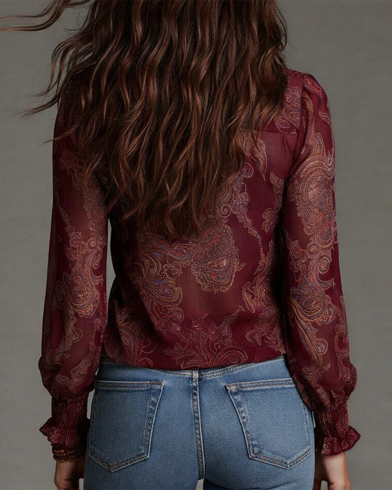 Norayi - Soft-Touch Printed V-Neck Ruffle-Sleeve Blouse