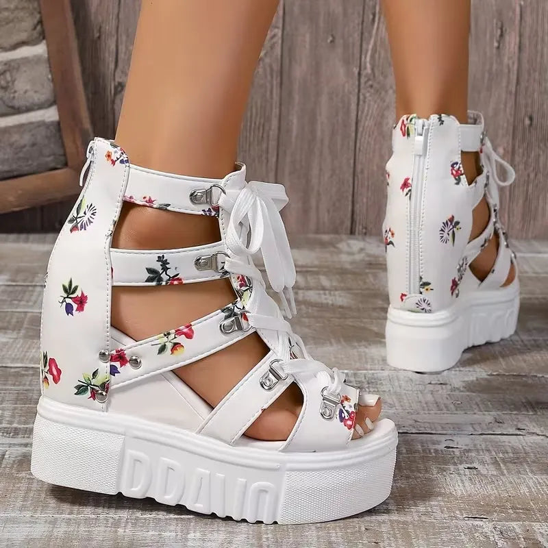Gaelina - Floral Lace Up Platform Sandals