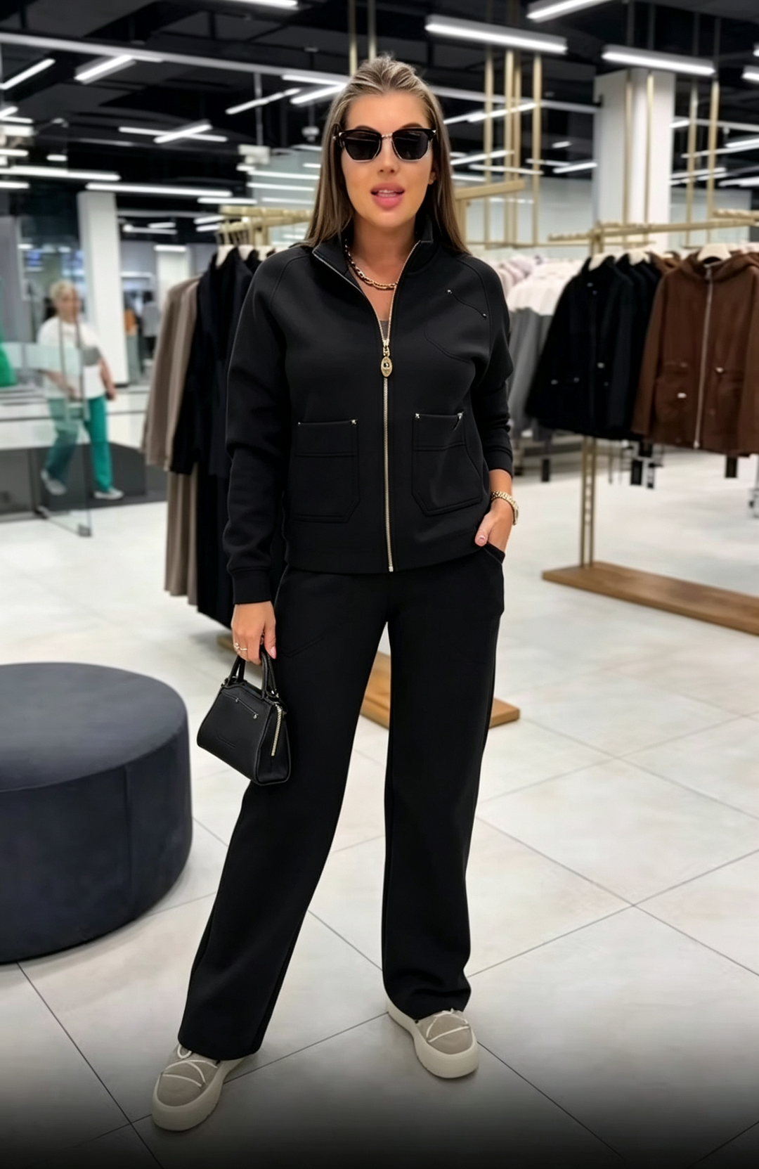 Floranique - Soft-Touch Zip-Up Cropped Jacket & Wide-Leg Trousers Set