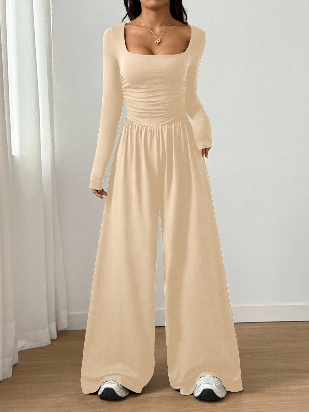 Alise - Ruched Square Neck Wide Leg Jumpsuit