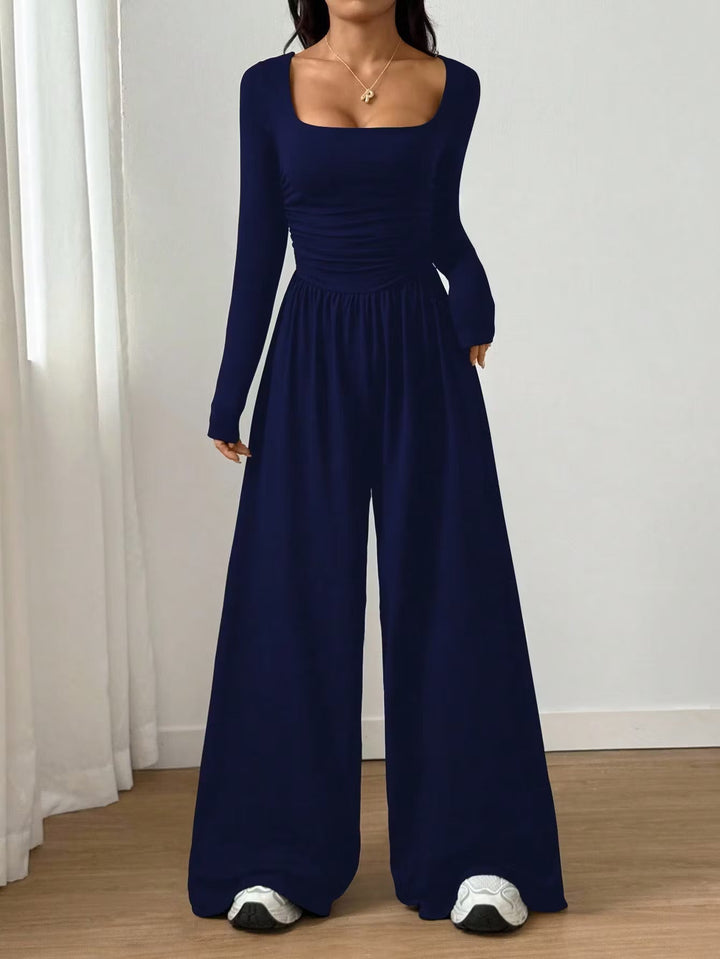 Alise - Ruched Square Neck Wide Leg Jumpsuit