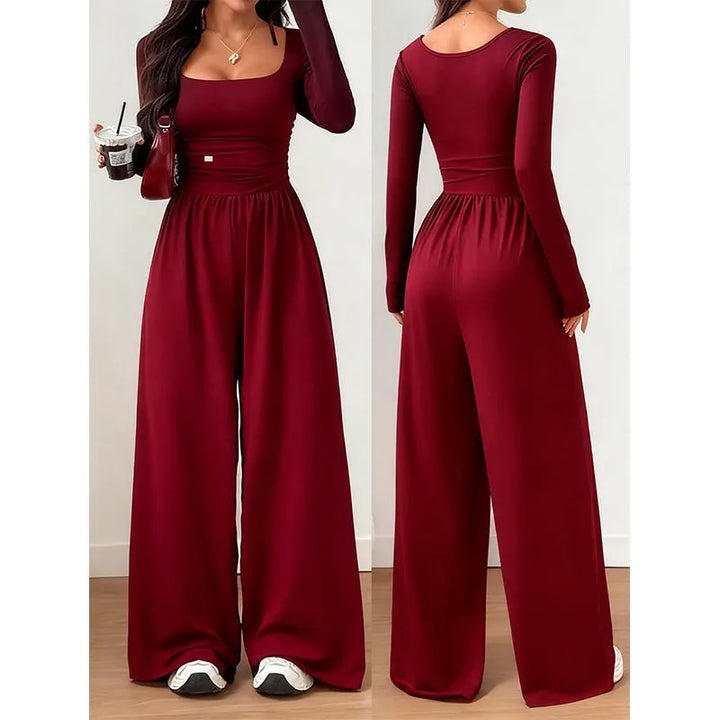 Alise - Ruched Square Neck Wide Leg Jumpsuit
