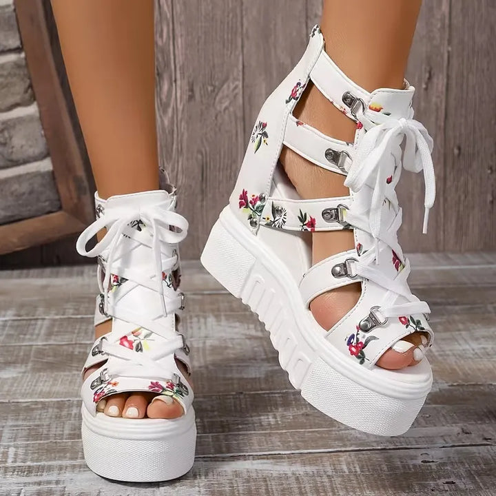 Gaelina - Floral Lace Up Platform Sandals