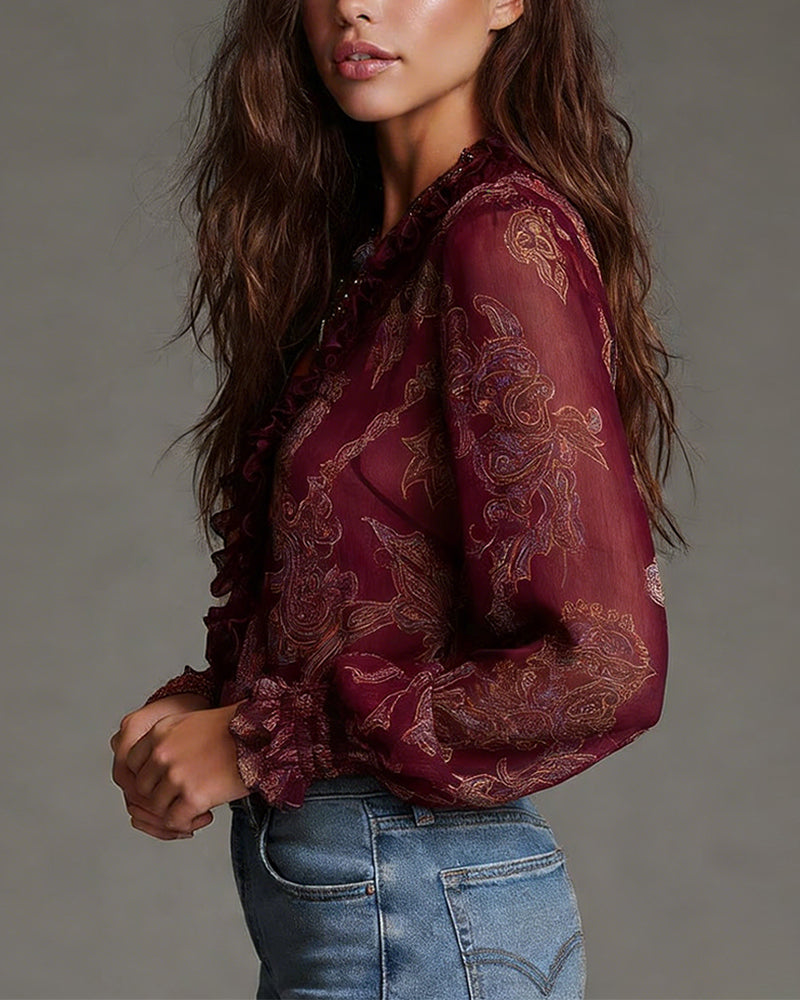 Norayi - Soft-Touch Printed V-Neck Ruffle-Sleeve Blouse