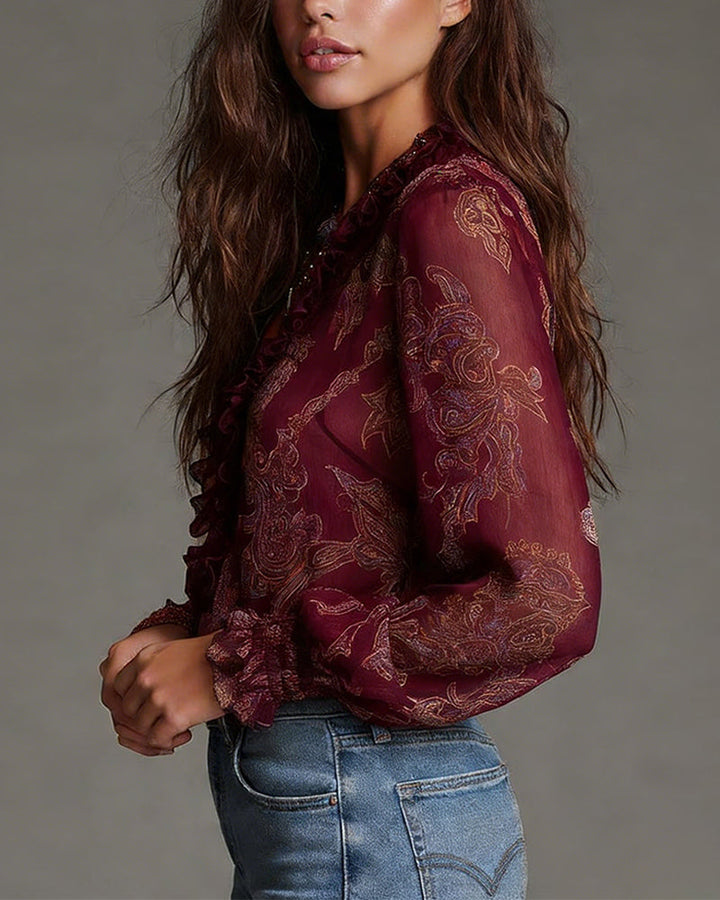 Norayi - Soft-Touch Printed V-Neck Ruffle-Sleeve Blouse