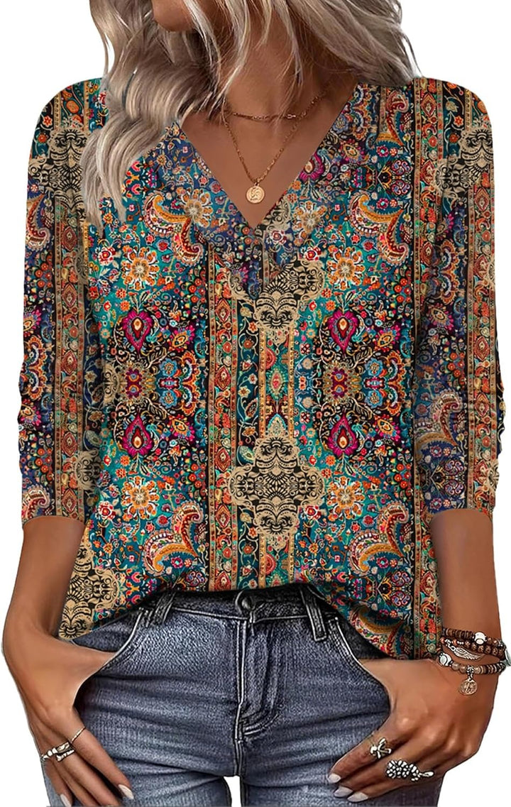 Arianwen - Soft-Touch Printed V-Neck Blouse