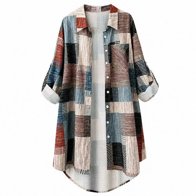 Nia - Patchwork Print Longline Shirt Jacket