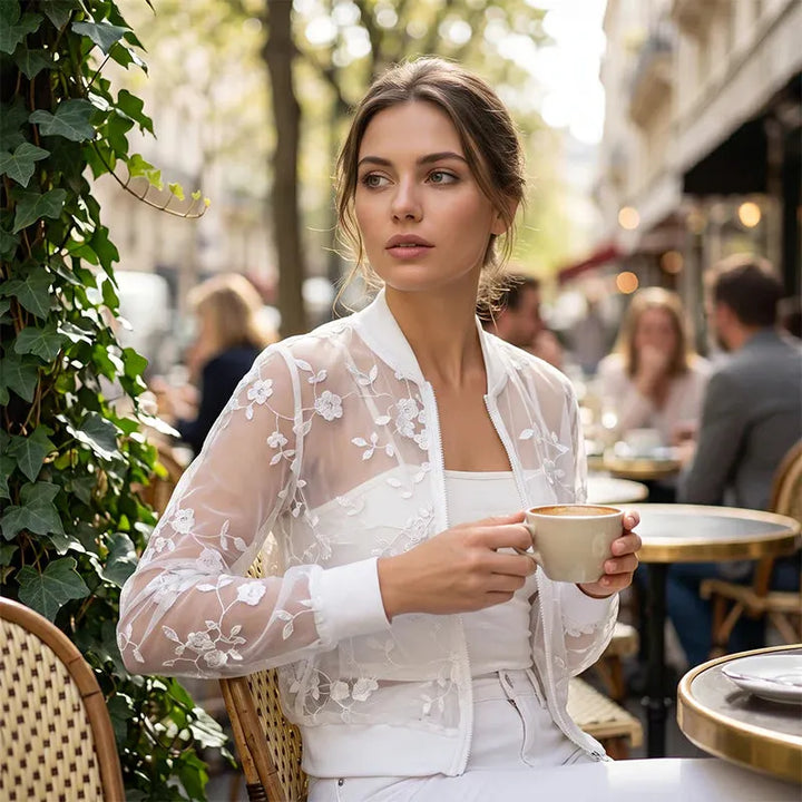 Aderisse - Sheer Floral Zip Cardigan