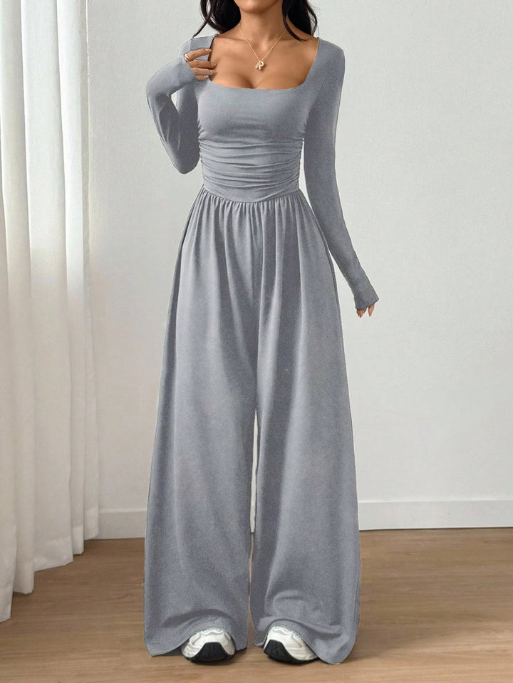 Alise - Ruched Square Neck Wide Leg Jumpsuit