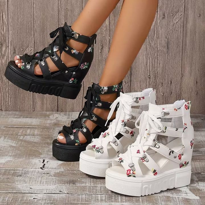 Gaelina - Floral Lace Up Platform Sandals