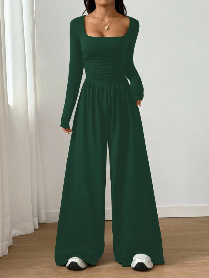 Alise - Ruched Square Neck Wide Leg Jumpsuit