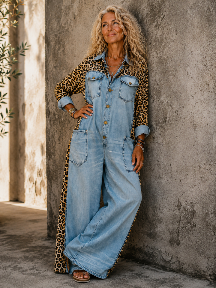 Annalise - Leopard Panel Denim Wide Leg Jumpsuit