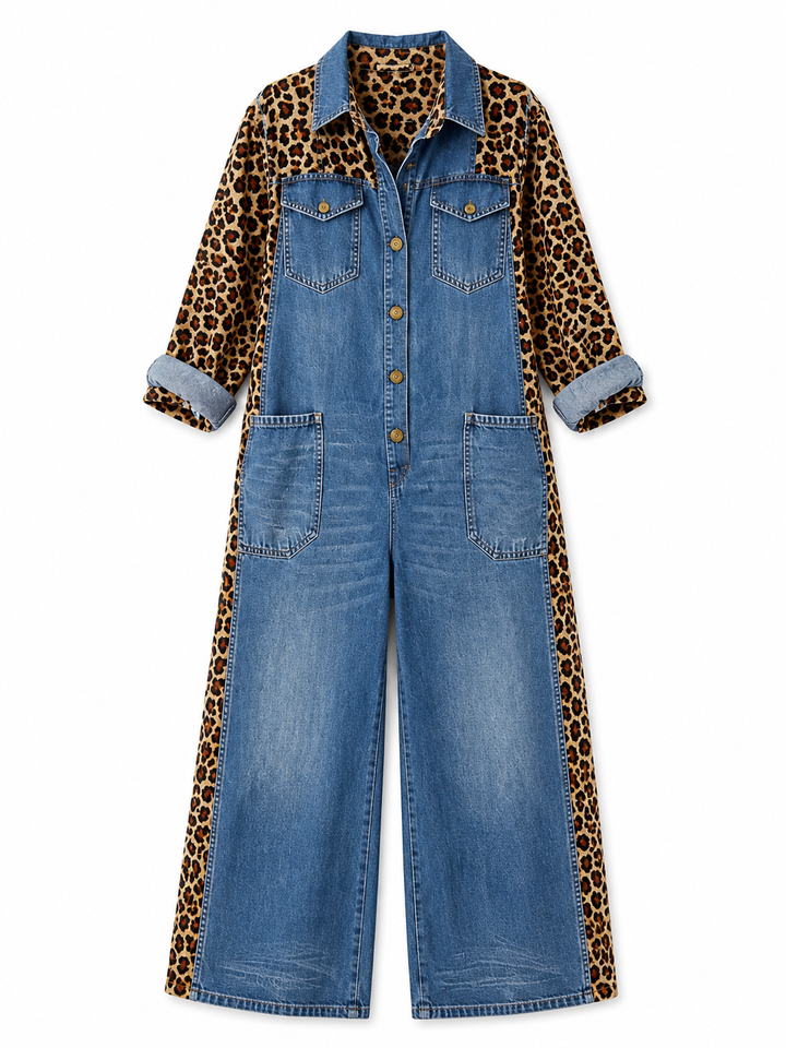 Annalise - Leopard Panel Denim Wide Leg Jumpsuit