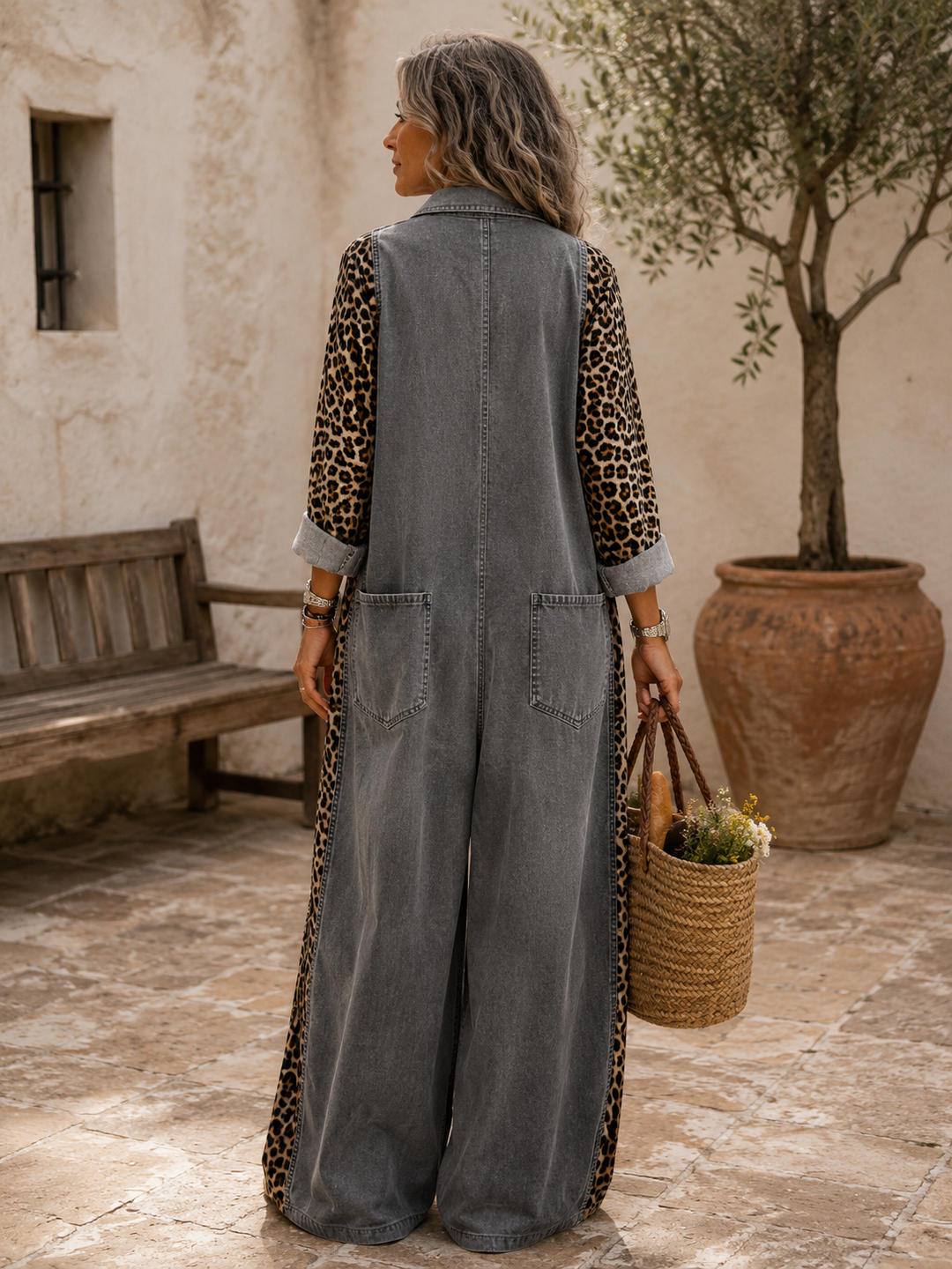 Annalise - Leopard Panel Denim Wide Leg Jumpsuit
