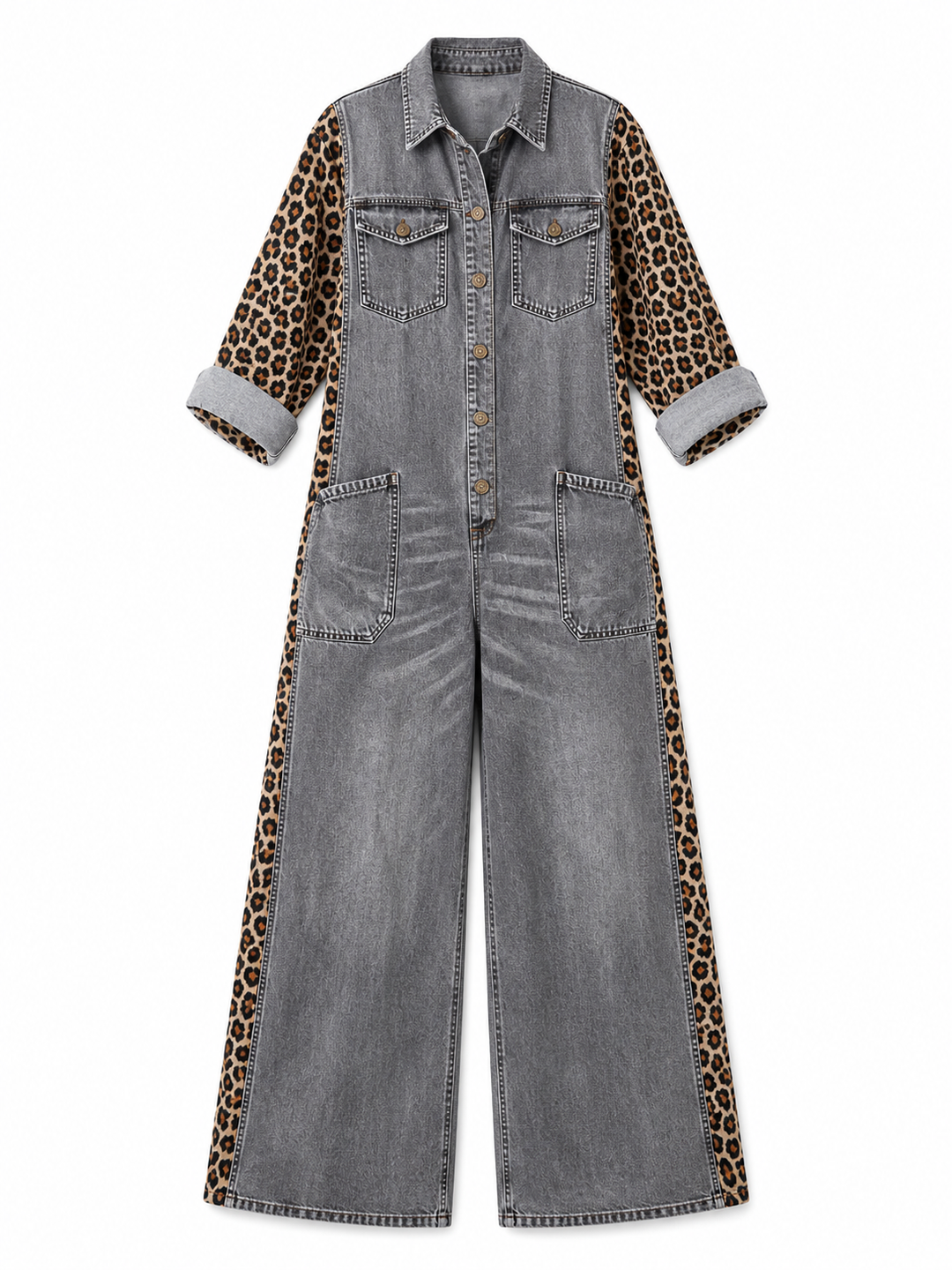 Annalise - Leopard Panel Denim Wide Leg Jumpsuit