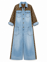 Annalise - Leopard Panel Denim Wide Leg Jumpsuit
