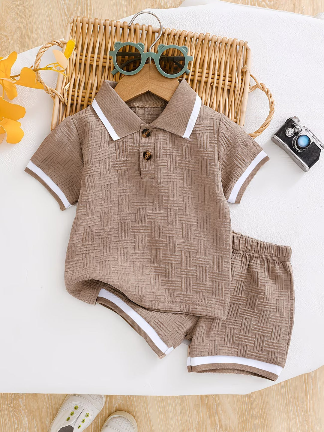 Basil - Textured Polo Shirt & Shorts Set
